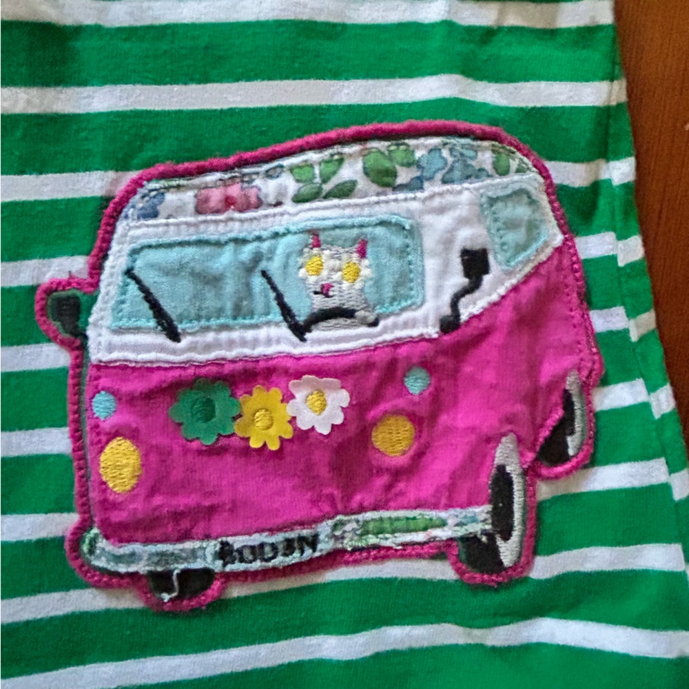 Mini Boden Green Striped Appliqué Tunic Top, Cat In Hippy Van Bus, EUC Size 3-4Y - Picture 5 of 5